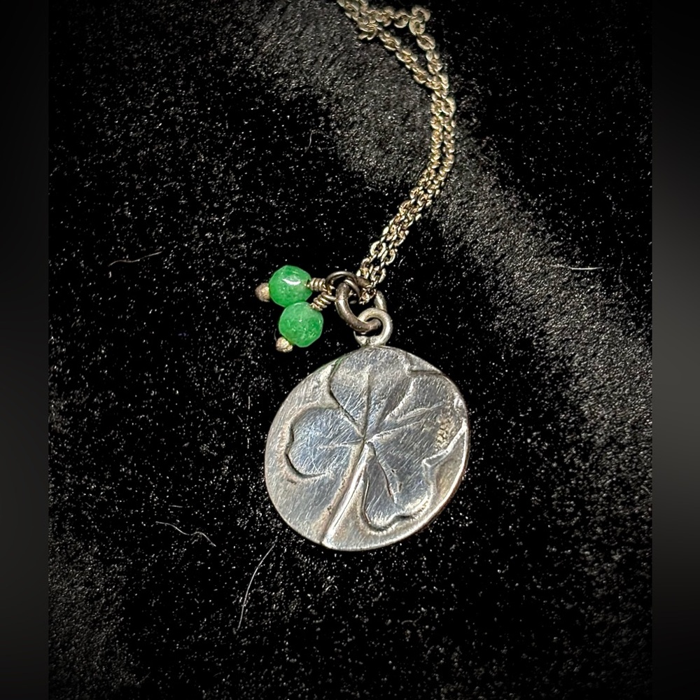 Vintage Mexican Silver Clover Pendant Necklace with Jade Beads